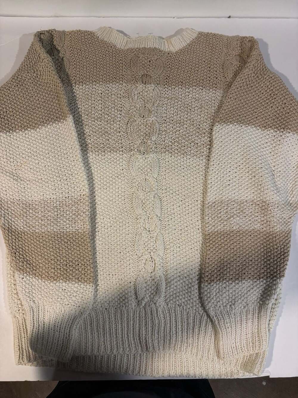 Braemar Women's Beige and Cream Striped Cable Knit Crew Neck Sweater size L